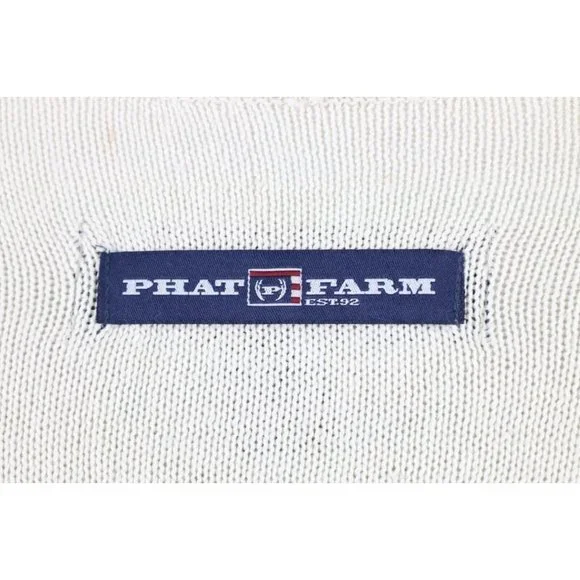 NOS Vtg Phat Farm Mens 2XL Striped Spell Out Script Marled Knit Sweater Cream